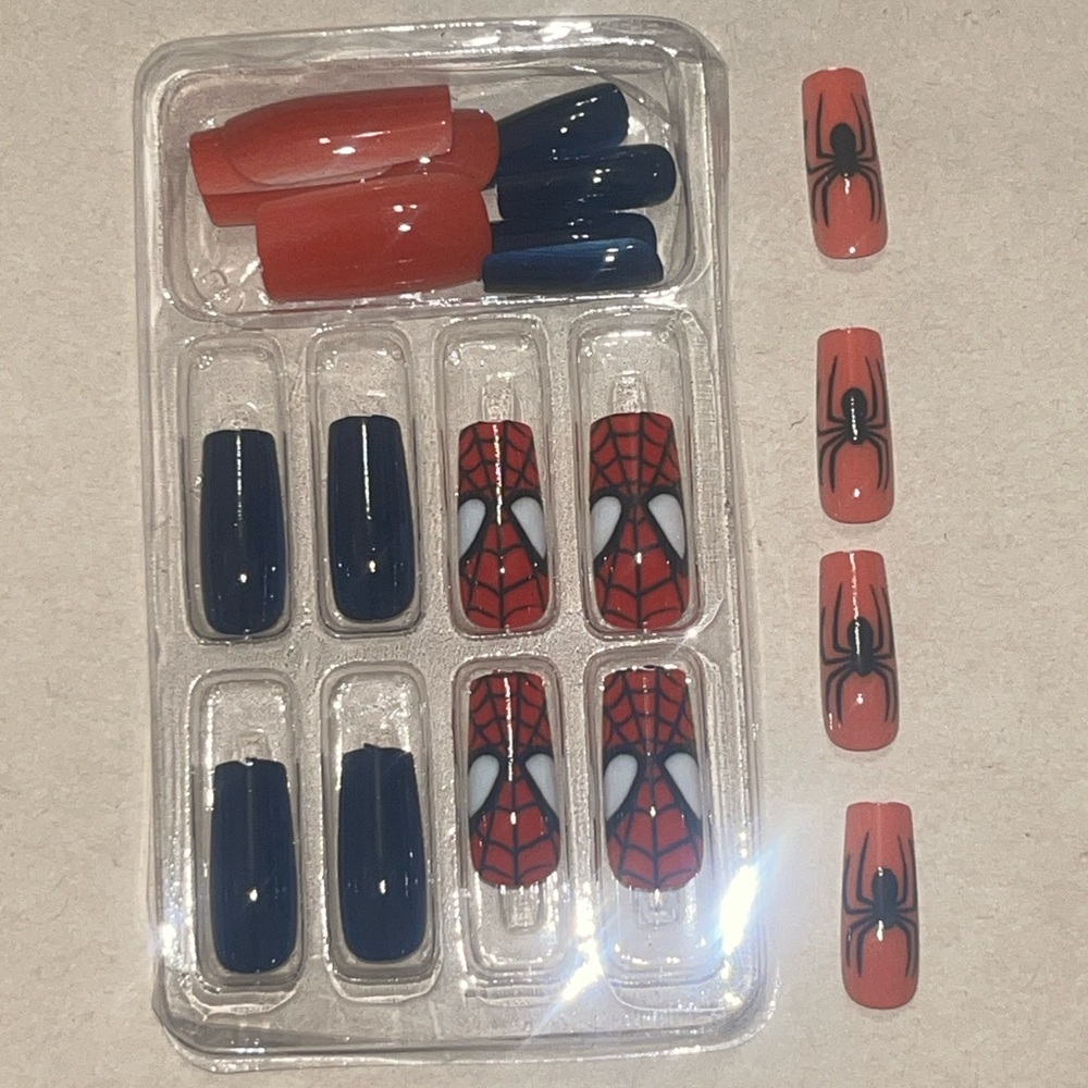 Press-On Nail Set - Red Spider & Navy Blue Design